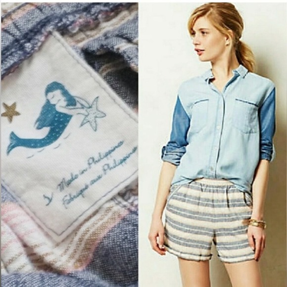 Anthropologie Mermaid Women’s Linen Blend Striped Pull On Shorts Folded Hem SZ S - Picture 1 of 8